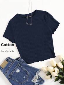 SHEIN EZwear 素色小褶邊羅紋針織T恤 - 藏蓝色 - 查看 6