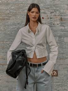 MUSERA Tailored Cropped Button Up Long Cuff Cinch Waist Collared Shirt Vacation Spring Summer - White - View 1