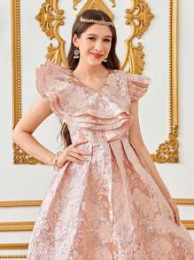 SHEIN Teen Girl Luxurious Elegant Multi-Layer Ruffle V-Neck Jacquard Pleated Cap Sleeve Dress