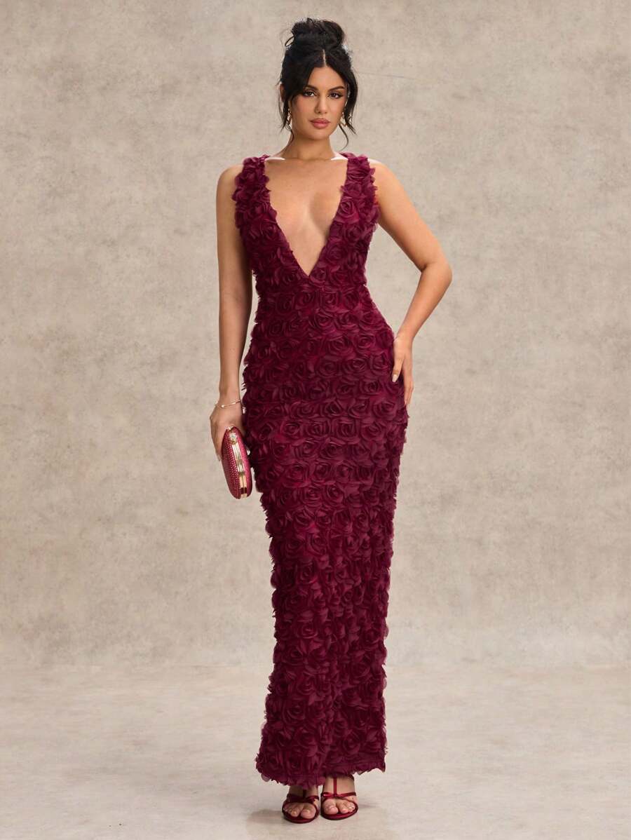 SHEIN BAE 早春/夏季纯色红色/酒红色性感简约优雅 V 领细肩带紧身连衣裙，带 3D 花卉蕾丝花边，适合情人节、派对、约会、伴娘、舞会、办公室、日常 - 紅色 - 查看 1