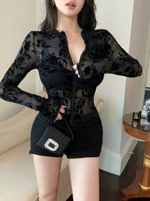 DAZY Sheer Lace & Mesh Floral Embroidered Long Sleeve Top For Women,Fall Women Clothes Going Out Tops - Black - View 10