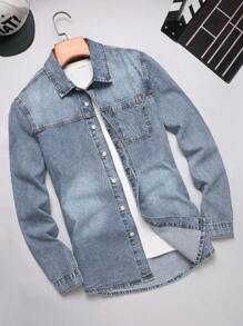 Manfinity Homme Men's Front Button Long Sleeve Pocket Casual Denim Jacket - Light Wash - View 1