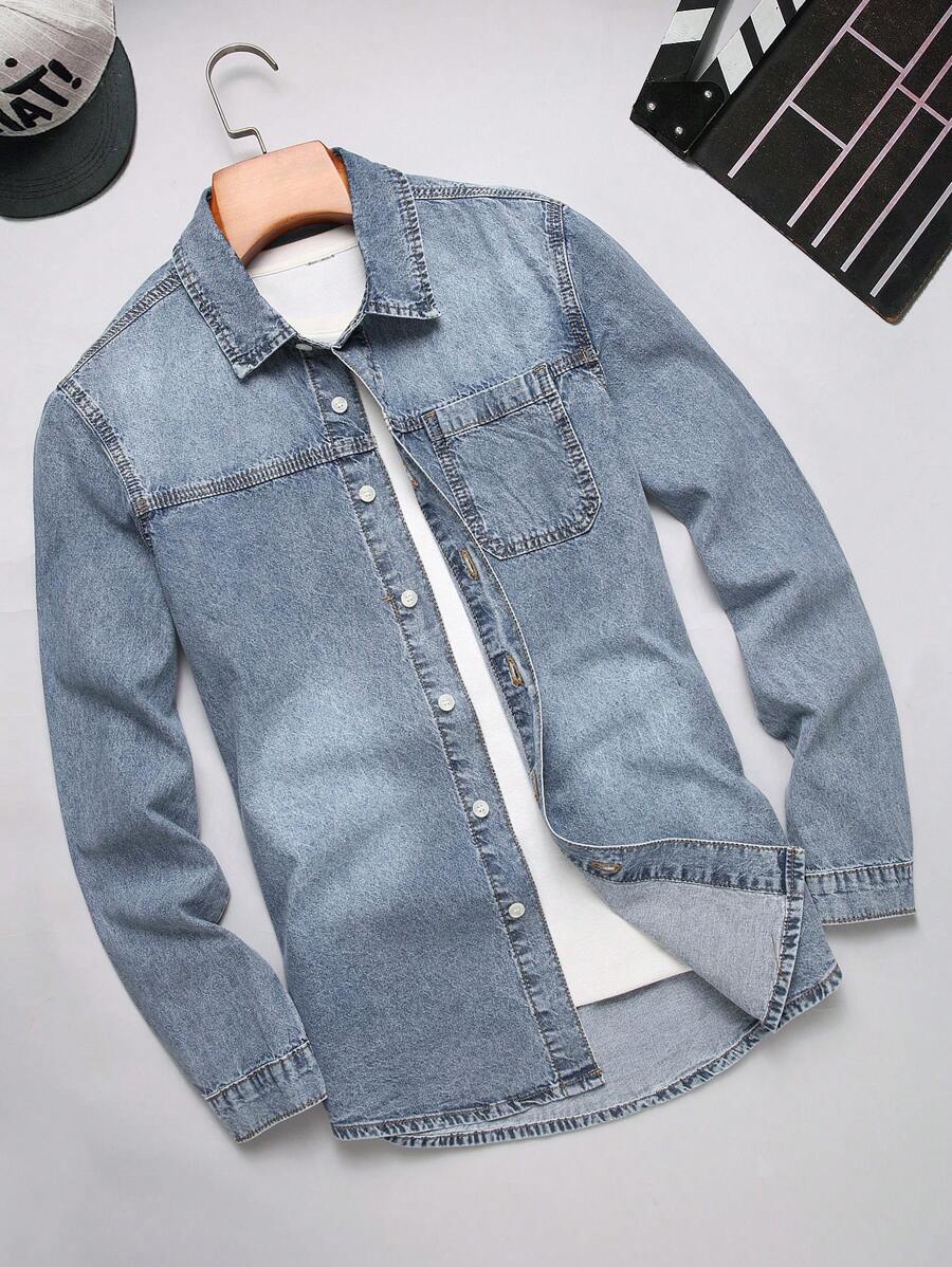 Manfinity Homme Men's Front Button Long Sleeve Pocket Casual Denim Jacket - Light Wash - View 1