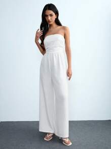 Chiquease 露肩荷叶边白色女式夏季性感度假连体裤，新款春夏韩版柔软裹身紧身长裙，修身褶皱 A 字连体裤，带后肩带