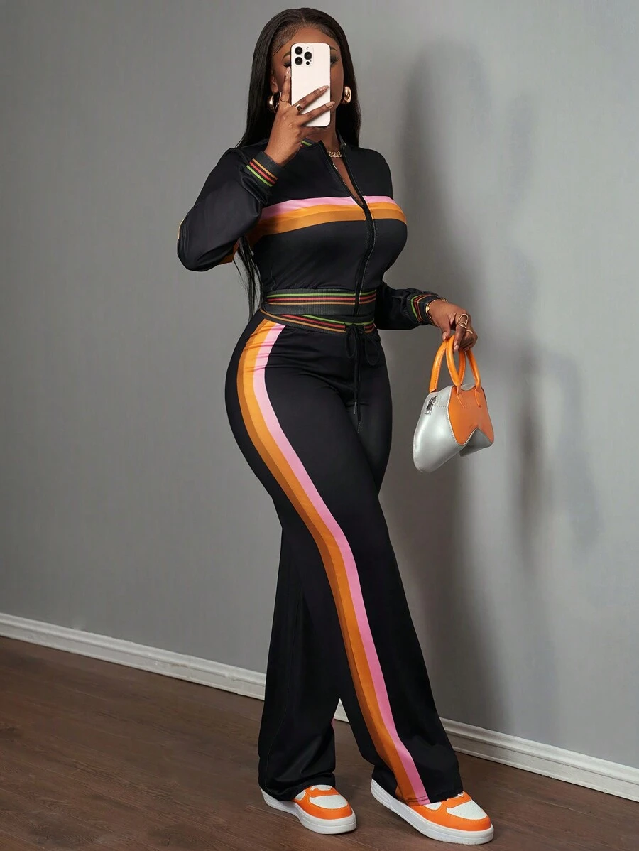 Slaydiva Winter Zip-Up Jacket And Decorated Trim Women Pants Suit Set - Black - View 1