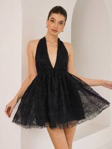 GENKIRA Vestido mini elegante francés sin mangas con escote profundo en V, fruncido, vuelo pronunciado en la Bottom y cintura ceñida - Negro - Ver 6