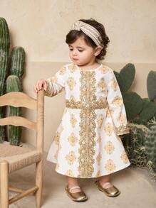 SHEIN 女婴花卉印花长袖连衣裙，优雅金色设计，适合夏季 - 白色 - 查看 5