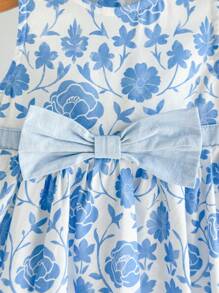 Cozy Pixies 女婴碎花蝴蝶结装饰圆领无袖高腰连衣裙 - 藍色 - 查看 6