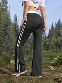SHEIN Sports Women Plain Color Patchwork Front Tie Waist Casual Long Pants, Everyday Wear - Black - View 2