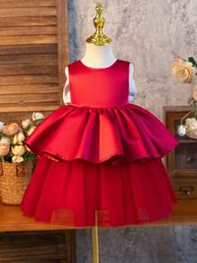 Valentine's Day Holiday Infant Girls Romanic Ruffled No-Sleeve Dress With Bow Accent, Suitable For Party, New Year, Spring Season - Burgundy - View 3