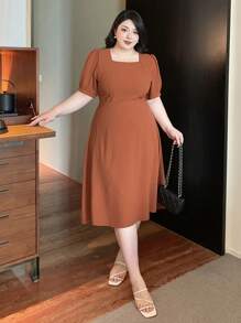 Dazy Plus 大码女式方领束腰中长连衣裙，春夏太阳裙