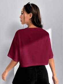 SHEIN EZwear 勃艮第针织女式短款夏季 T 恤 - 酒紅色 - 查看 2