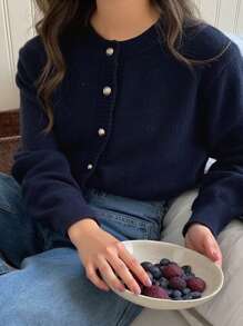 Dazy Petite Plus Solid Color Crew Neck Sweater Fitted Cardigan Jacket In Navy, Spring/Summer/Autumn