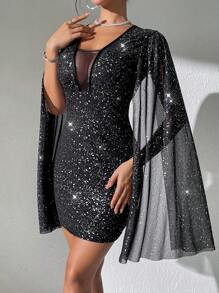 Chiquease Vestido elegante de mujer con mangas largas, de malla transparente, con brillo, fluido y con espalda calada - Negro - Ver 4