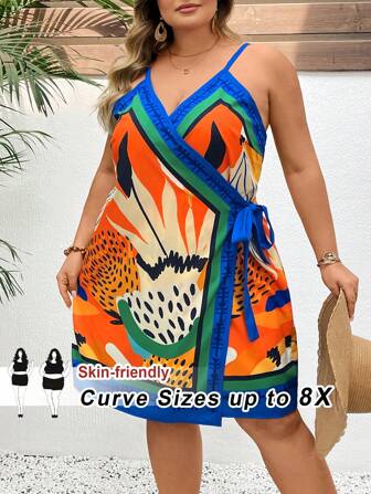 SHEIN CURVE+ 大码全印花交叉裹身结饰吊带连衣裙，适合海滩和度假村度假 波西米亚风度假