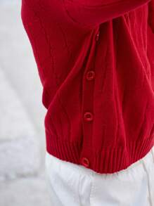 Manfinity Mode Women's Solid Color Round Neck Long Sleeve Casual Blouse - Red - View 3