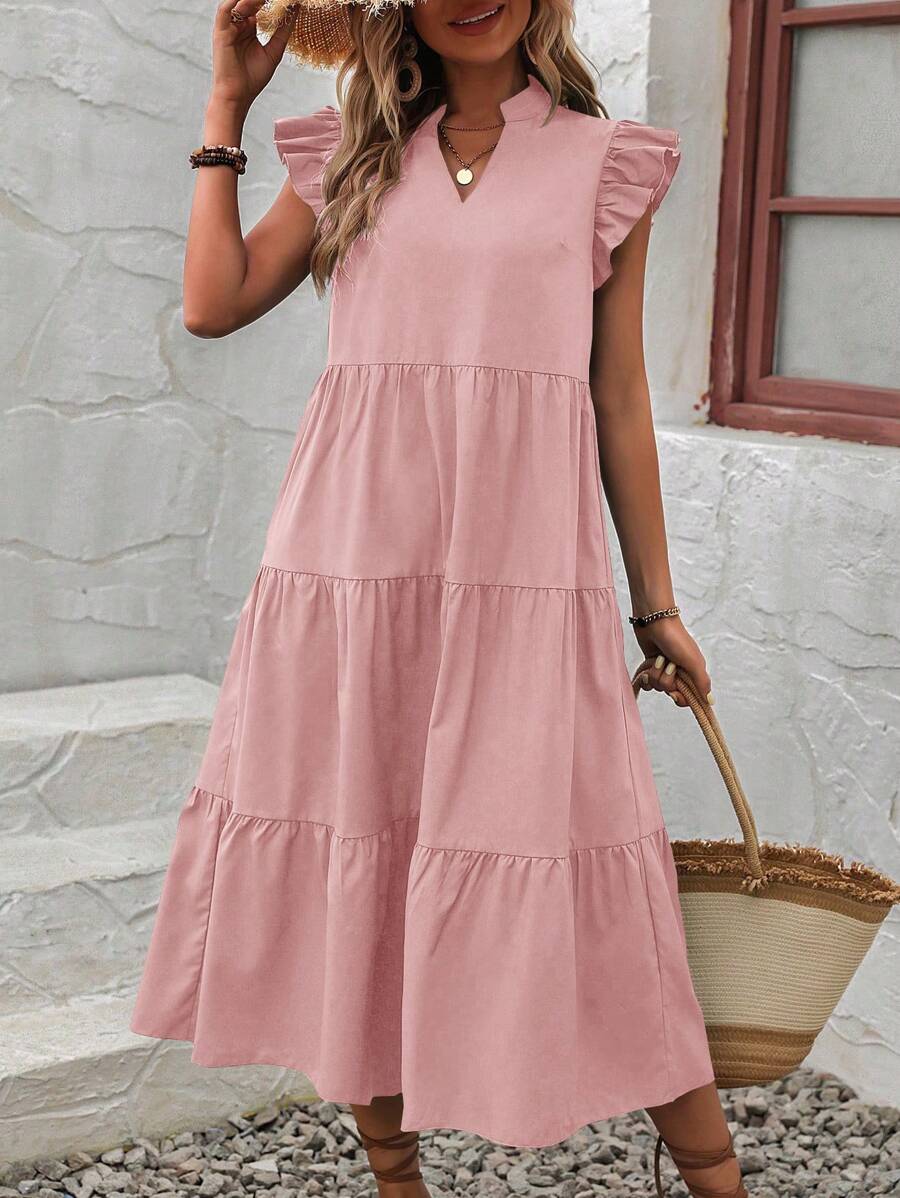 EMERY ROSE Notched Neckline Ruffle Trim Smock Dress Maxi Vacation Beach Outfits Women - Pink - View 1