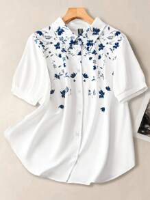 SHEIN LUNE Plus Size Women Floral Print Short Sleeve Shirt, Suitable For Daily Commute - Multicolor - View 1