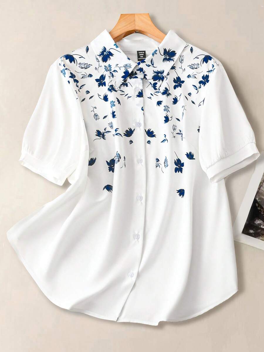 SHEIN LUNE Plus Size Women Floral Print Short Sleeve Shirt, Suitable For Daily Commute - Multicolor - View 1