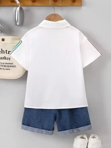 SHEIN 年轻男孩休闲街头风格字母图案圆领短袖前开襟衬衫，适合儿童服装，年轻男孩服装，返校男孩套装，适合生日派对、晚会、表演、婚礼、洗礼、开幕式、服装、日常穿着、学校、旅游、运动、春夏季节 - 卡其色 - 查看 5