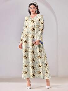 Al Najma Casual Modest Floral Print Abaya Dress - White - View 3