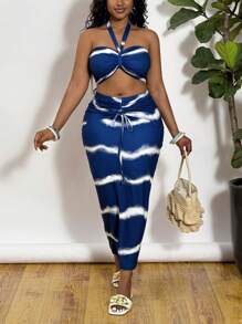 Slaydiva Plus-size dames vakantie halternek tanktop & bodycon rok 2-delige set