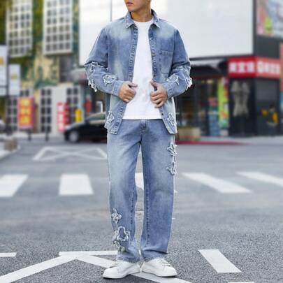 Plus Size Men's Front Button Long Sleeve Casual Jacket And Denim Pants Set