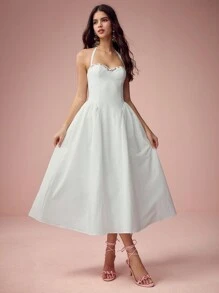 Enchnt Váy dài công chúa hở lưng không tay thêu hoa hồng nhỏ màu trắng lãng mạn cho nữ mùa xuân và mùa hè, ngọt ngào và thanh lịch, thích hợp cho tiệc sinh nhật, tiệc ngày lễ, đêm hẹn hò ngọt ngào, đi làm hàng ngày, mùa nghỉ mát và tốt nghiệp, quần áo mùa hè cho nữ, váy thanh lịch - trắng - Xem 3