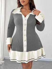 SHEIN Unity Plus Size Women Knitted Color Block Sweater Dress With Ruffle Trim & Button Detail, Elegant For Autumn/Winter Fall Cloth For Women - Grey - View 3
