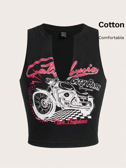 SHEIN EZwear Motorcycle & Letter Graphic Notched Neck Tank Top
