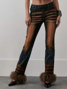 MUSERA Quần jeans ống loe cạp thấp, viền lông giả, chi tiết đường may, chất liệu denim mài, phong cách mùa xuân 90, Y2K, dễ thương, gợi cảm, sành điệu, mùa hè - màu nâu - Xem 2