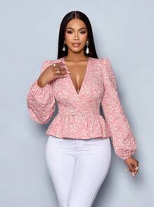 SOLERSUN 2025 Spring Valentine's Day Women Elegant Jacquard Sweetheart Neck Lantern Sleeve Coat (Random Floral) - Pink - View 6