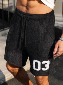 Manfinity Campus Court Men's Streetwear Black And White 03 Embroidered Plush Shorts,Summer Beach Young Street Style College Sports Basketball Shorts With Side Pocket Design - Black - View 7