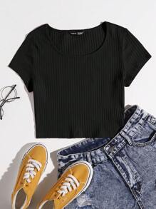 SHEIN EZwear Áo thun Gân đan màu trơn Giải trí - màu đen - Xem 5