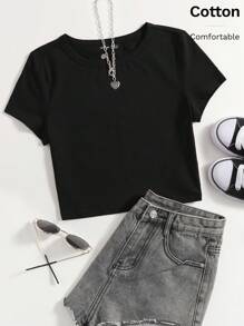 SHEIN EZwear Casual Solid Color Slim Fit Cropped T-Shirt, Summer - Black - View 7