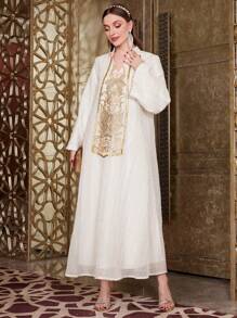 Layrah Women's Luxury Embroidered & Sequins Embellished Collar Loose A-Line Dress, Luxury Evening Dress Arabian Dresses - White - View 6