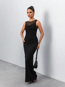 Chiquease 女士小立领无袖网眼垂坠领紧身衣搭配高腰鱼尾下摆长裙套装 - 黑色 - 查看 1