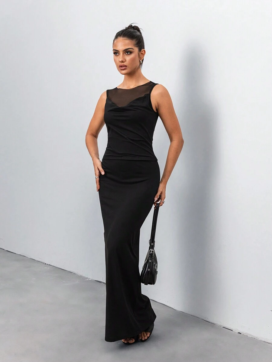 Chiquease 女士小立领无袖网眼垂坠领紧身衣搭配高腰鱼尾下摆长裙套装 - 黑色 - 查看 1