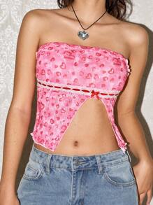 SHEIN EZwear Women's Heart Pattern Pink Bandeau Top Valentine's Day Ribbon - Pink - View 2