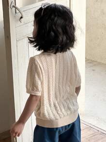 DAZY Young Girl Solid Color Short Sleeve Single-Breasted Casual Hollow Out Cardigan,Girls Summer Outfits - Apricot - View 6