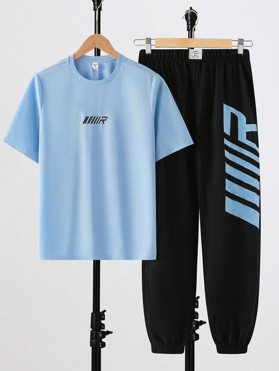 SHEIN 2 件套青少年男孩休闲简约字母印花圆领套头衫,适合夏季、运动、跑步, - 淺藍色 - 查看 1