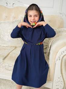 SHEIN Ramadan Young Girl Ruffled Long Sleeve Dress & Headscarf 2 Pieces Set, Traditional Style, Spring/Summer - Navy Blue - View 6