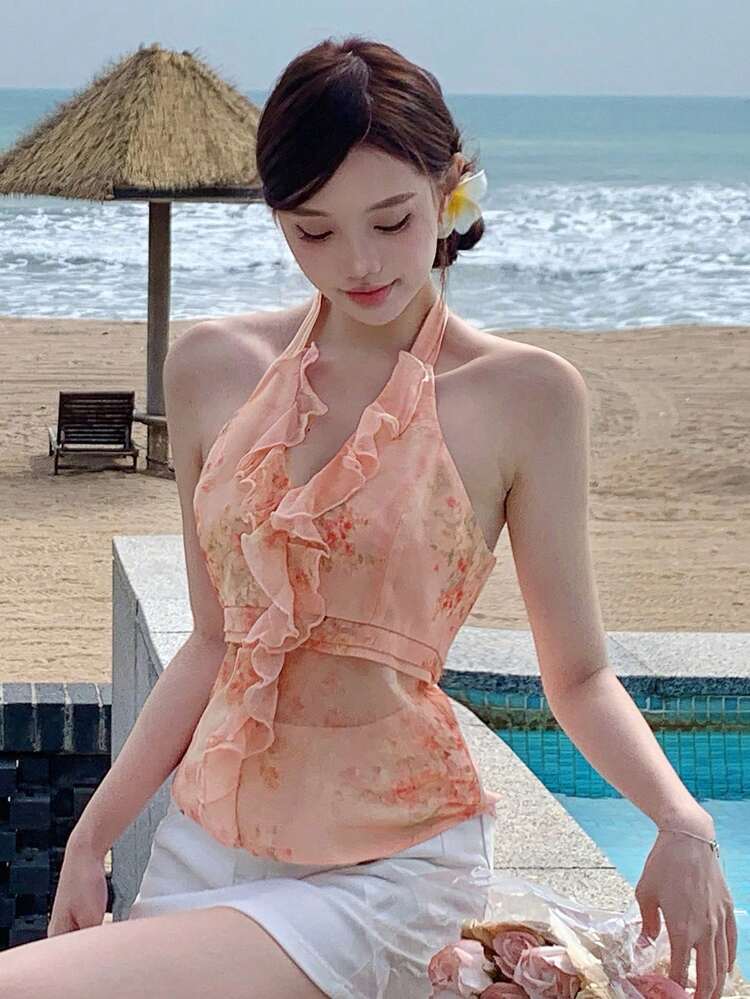 Allover Ditsy Floral Mesh Patchwork Halter Neck Blouse For Women Summer Cruise Women,Ruffle,Beach Going Out Tops Vacation