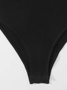 SHEIN EZwear Twist Front Rib-knit Slip Bodysuit - Black - View 5