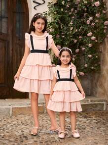 SHEIN 女孩优雅蝴蝶蕾丝领分层泡泡袖连衣裙浅粉色，甜美风格，适合春夏日常穿着，（2 件单独出售） - 淺粉色 - 查看 1