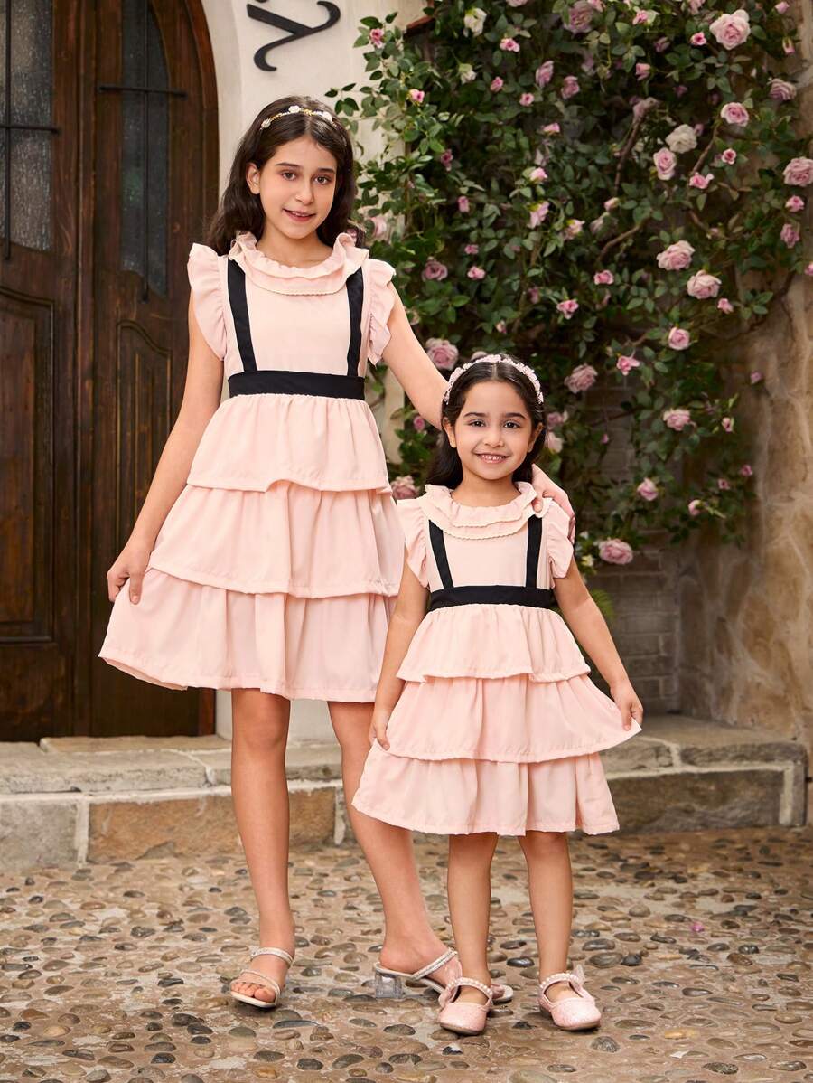 SHEIN 女孩优雅蝴蝶蕾丝领分层泡泡袖连衣裙浅粉色，甜美风格，适合春夏日常穿着，（2 件单独出售） - 淺粉色 - 查看 1