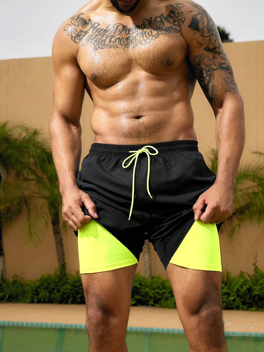 Surfspeed 大码男士撞色抽绳腰沙滩短裤泳装，休闲度假 - 黑色 - 查看 1