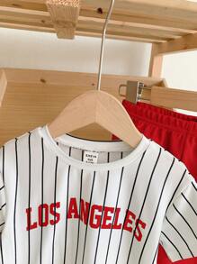 SHEIN 男婴夏季可爱休闲字母条纹短袖上衣和松紧腰短裤套装，适合春夏季日常穿着、上学、旅行和运动 - 紅色 - 查看 5