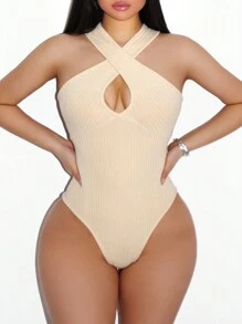 Zolique Women Solid Color Sleeveless Hollow Minimalist Slim Fit Bodysuit, Casual Resort Wear