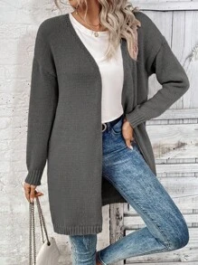 SHEIN LUNE Casual Plain Color Mid-Length Cardigan, Autumn/Winter - Dark Grey - View 7